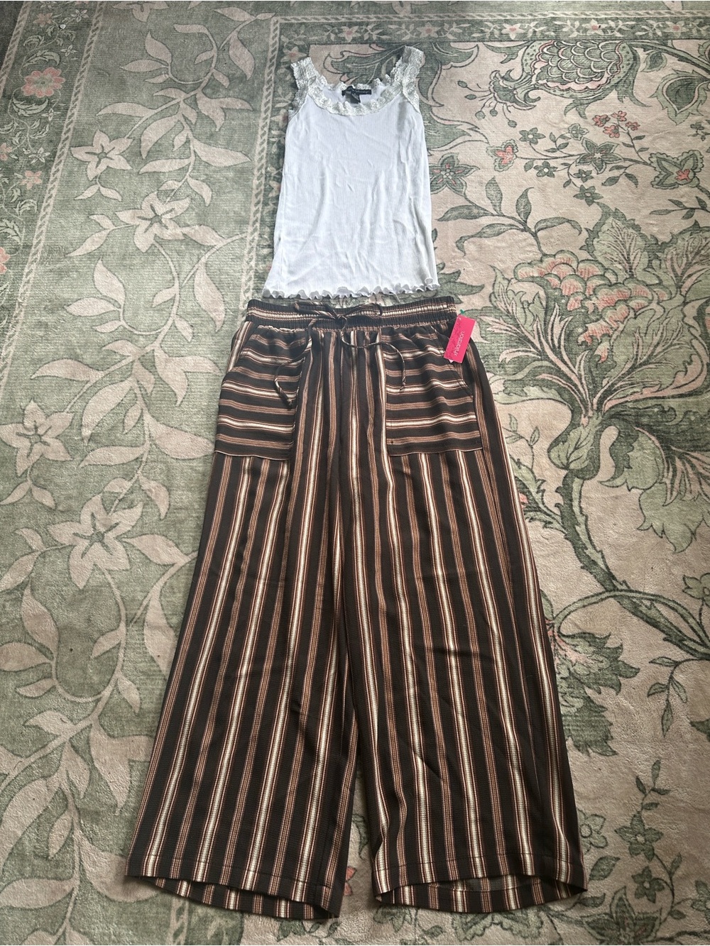 NWT Brown/Tan/White Striped Wide Leg Pants & Lace Trim Tank Top Set